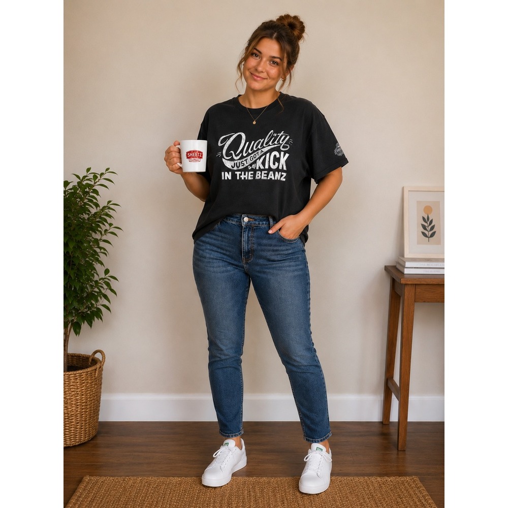 Gildan Sheetz Cotton Coffee T-Shirt Women Large Black‎ Kick In The Beanz Tee